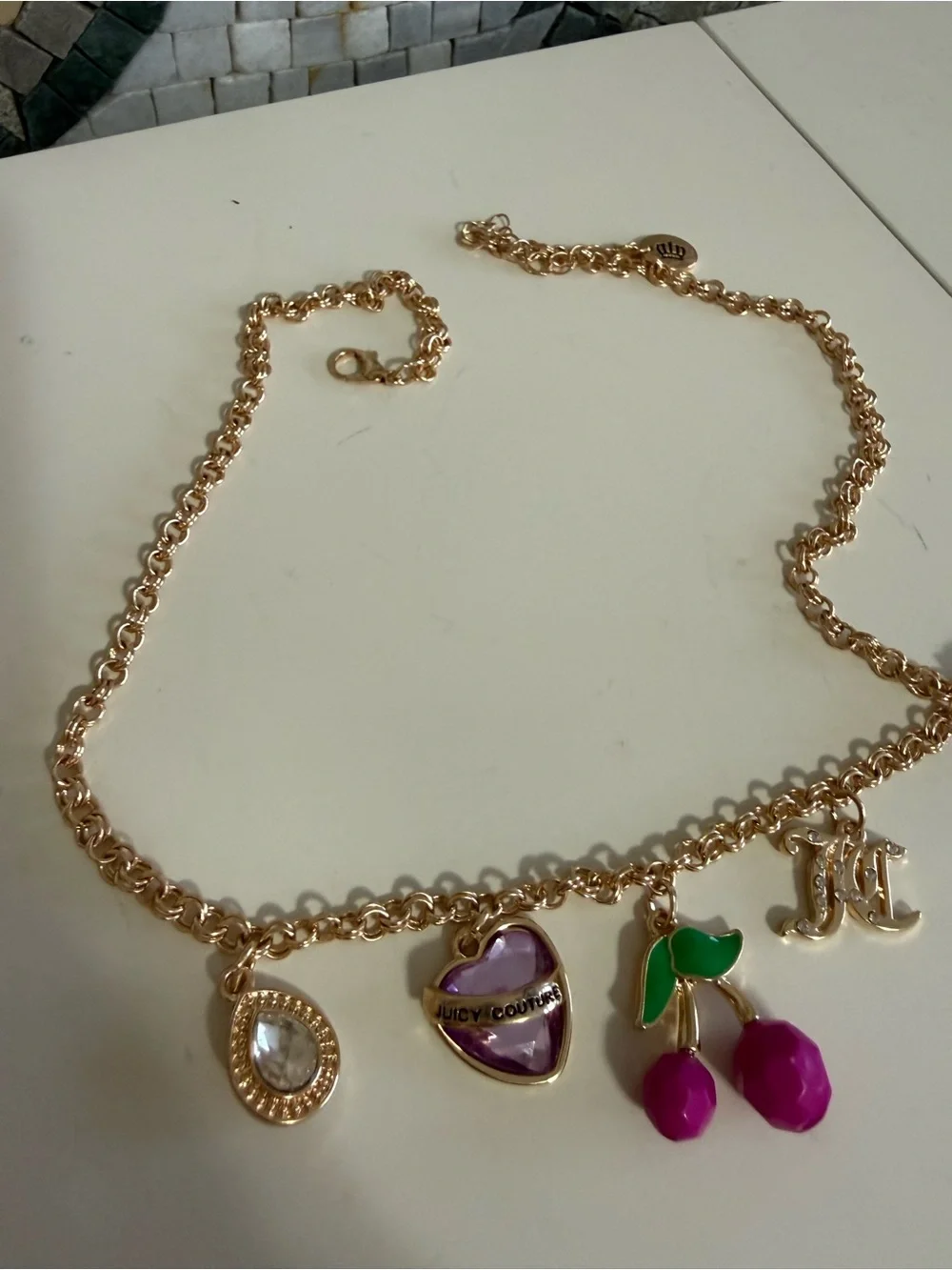 Juicy Couture Gold-Tone Charm Necklace with Pink Cherries & Purple Heart